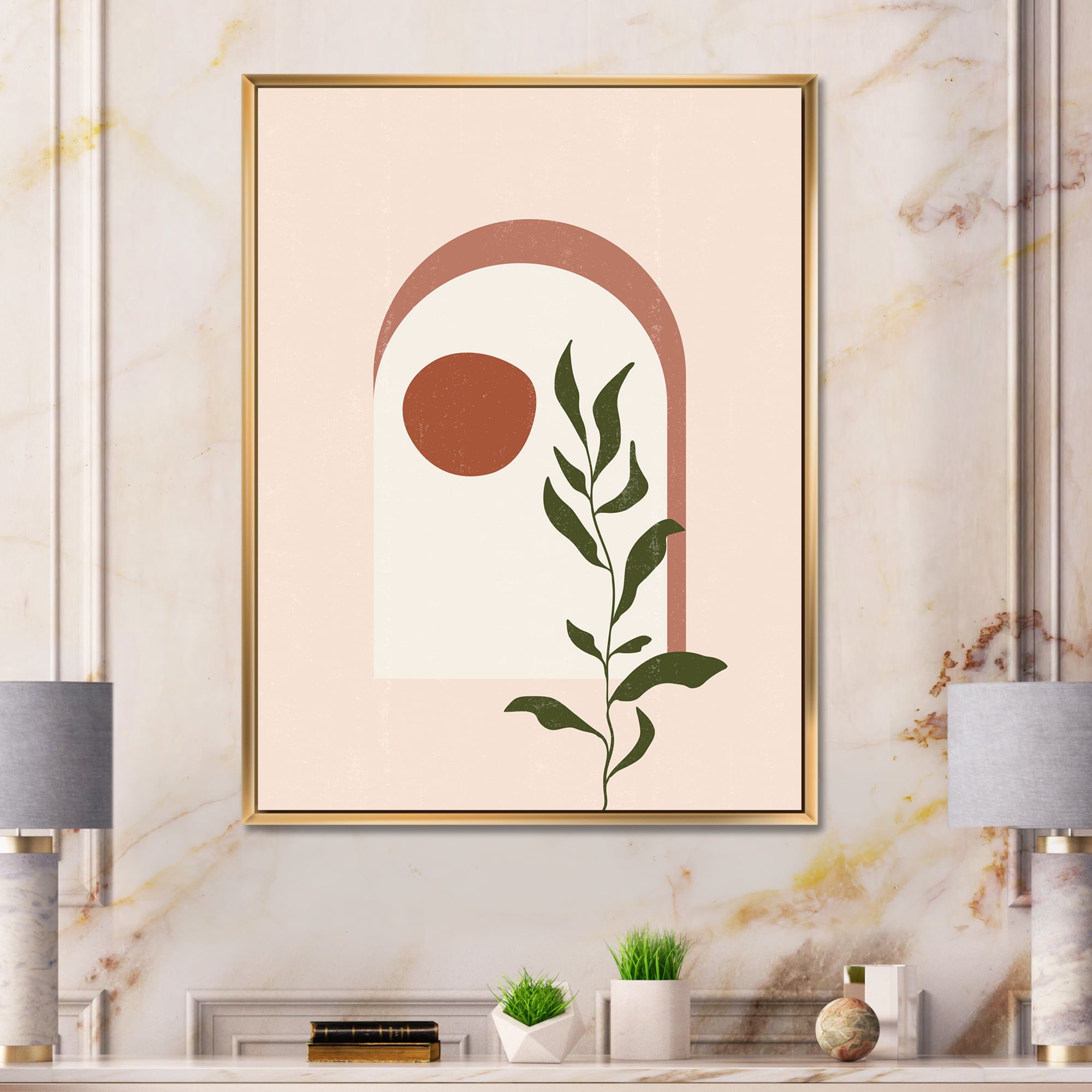 Designart 'Abstract Geometrical Leaf With Moon III' Modern Framed Canvas Wall Art Print