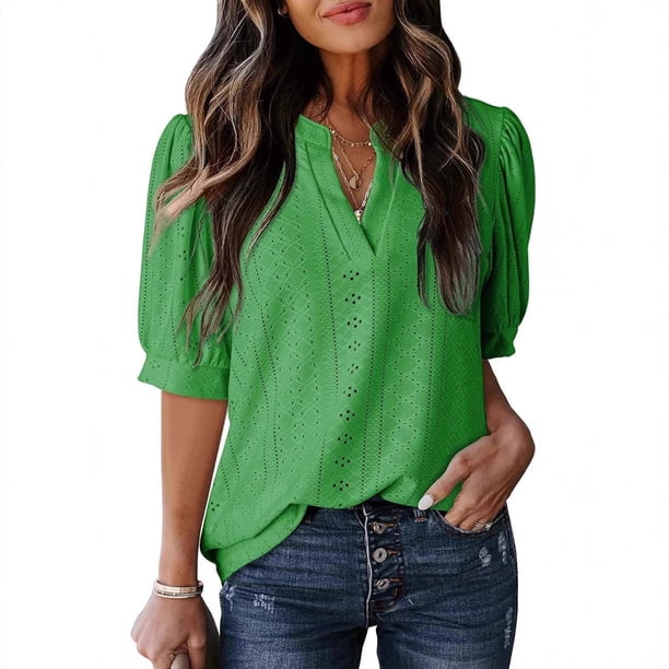 Mujeres de Manga Corta Tops Cuello en V de la Manga de la Moda Hueca Delgada Casual Top Color Sólido para Primavera Verano