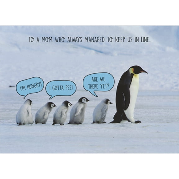 RSVP Mom Who Always Kept Us in Line: Little Penguins Following Mom Funny Mother's Day Card from Us