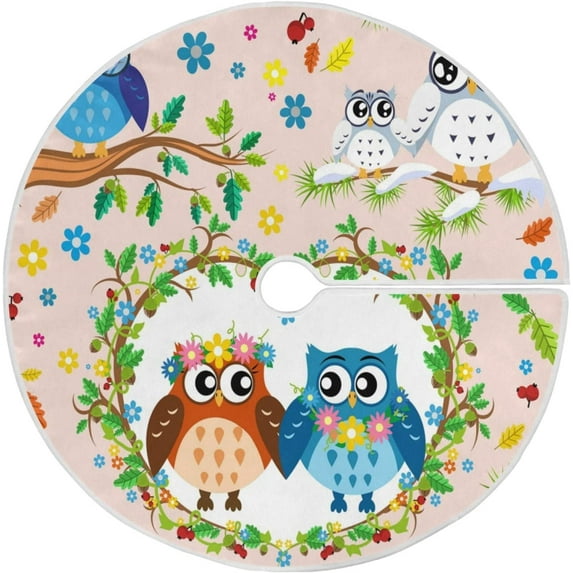FMSHPON Valentine's Day Lovely Owl Xmas Christmas Tree Skirt Stand Mat for Holiday Party Decoration Indoor Outdoor 36 inches