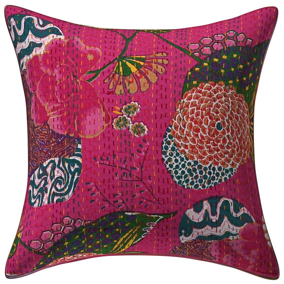 Stylo Culture Ethnic Couch Throw Pillow Cover 16x16 Kantha Dark Pink Printed 40 x 40 cm Living Room Decor Cotton Tropicana Square Cushion Cover | 1 Pc