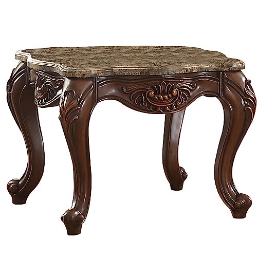Benzara BM185779 Marble Top End Table With Motif Engraved Angular Wood Feet, Brown