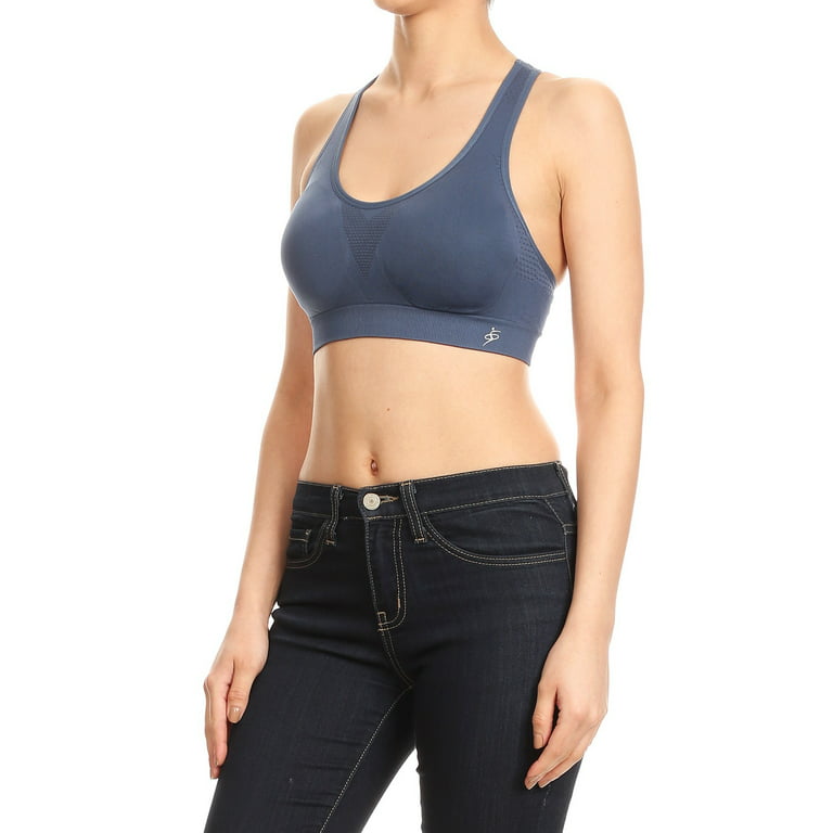 Women's Solid Color Double Layer with Scoop Neck and Racerback Sports Bra-  Denim L/XL