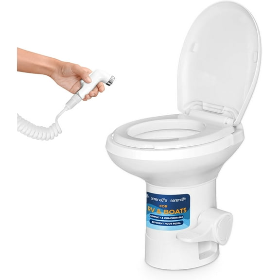 Gravity Flush Toilet Plastic Bowl with Connecting Hose, Installation Kits and Hand Sprayer Ideal for RVs, Trailers and Boats (White)