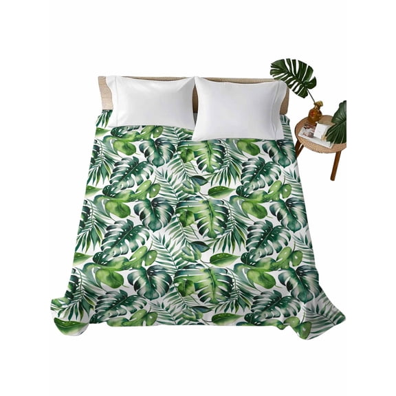 Full Size Flat Sheet Only, Tropical Soft Brushed Microfiber Bed Sheets, Green Palm Leaf Summer Plant Hotel Quality Breathable Bedding Top Sheet, Easy Care, 81"x96"