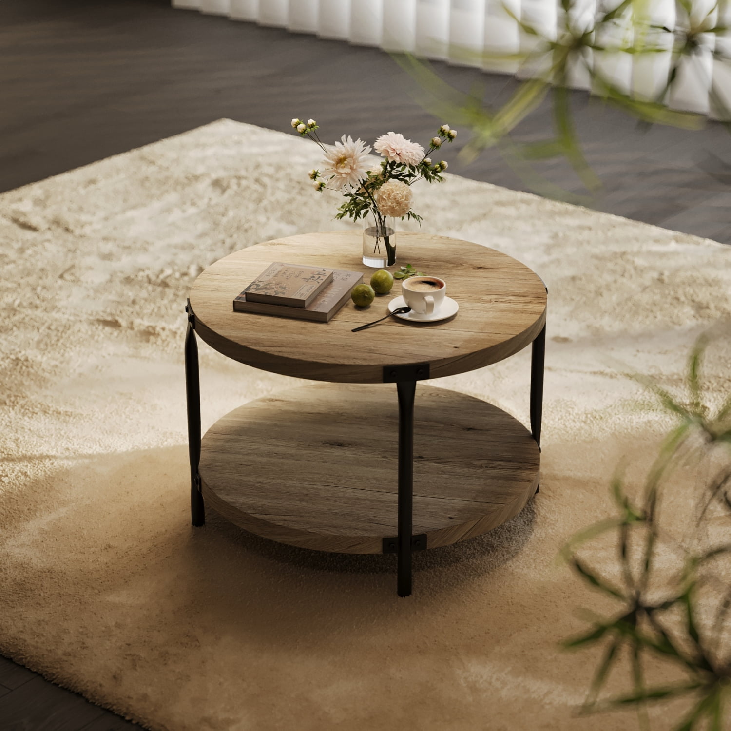 Modern Minimalist Circular Bohemian Coffee Table – Double Layer Storage, Natural Wood Finish, 31.4" Indoor Decor for Living Rooms & Study Spaces