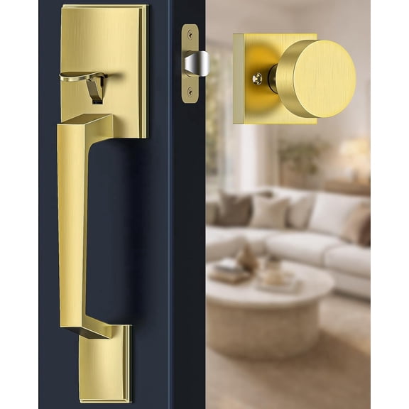 Klamerit Front Door Handle No Lock, Gold Front Door Lock Set with Modern Knob, Adjustable Exterior Entry Handleset, Lower Half Grip