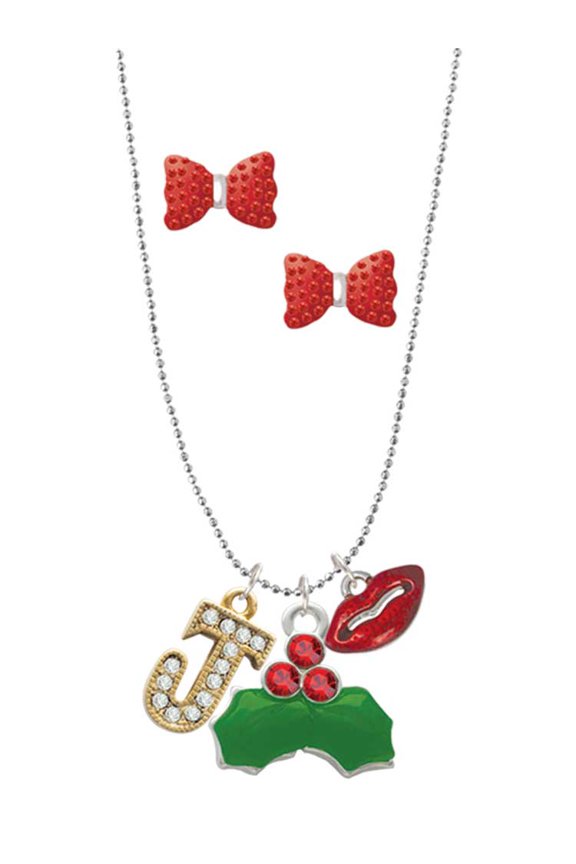 Goldtone Crystal Initial - J - Christmas Kiss Charm Necklace and Stud Earrings