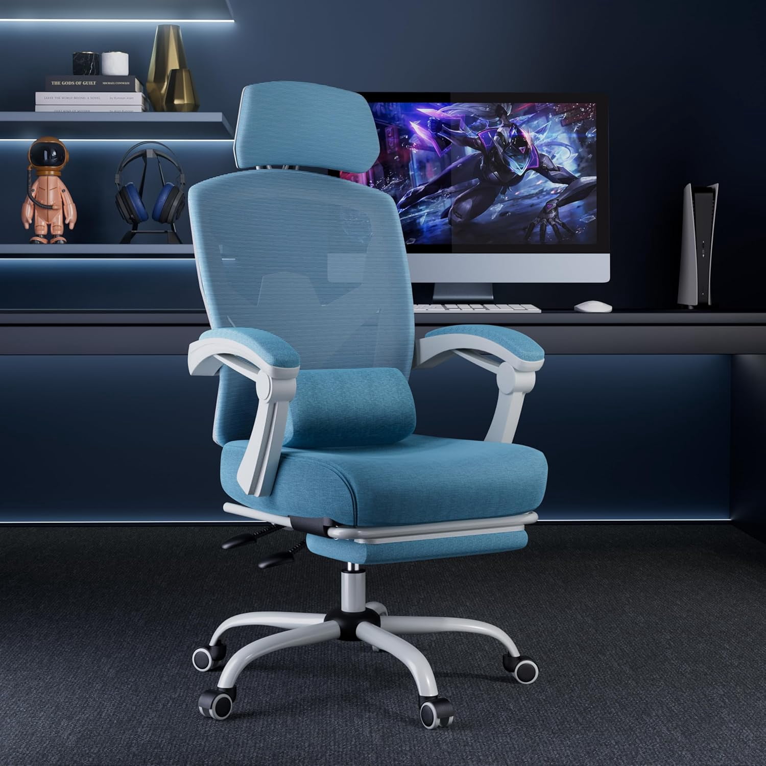 Atilioo Ergonomic Office Desk Chair with Adaptive Lumbar Support, Headrest & Retractable Footrest, Breathable Mesh Rolling Swivel Chair for Back Pain Relief, Blue