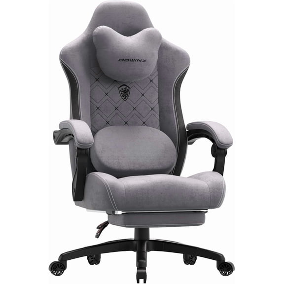 Dowinx Gaming Chair with Heated Massage Lumbar Support,Big and Tall Fabric Gaming Chairs for Adults with Footrest, Ergonomic Computer Game Chair with Poket Spring Cushions, 350lbs, Gray