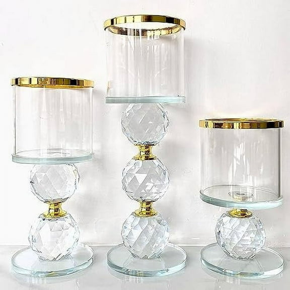 Glass Candle Holders Set of 3,Gold Pillar Candlestick,Crystal Candle Holder for Table Centerpiece Wedding Home Decor$$Home Decor, Kitchen, & Other
