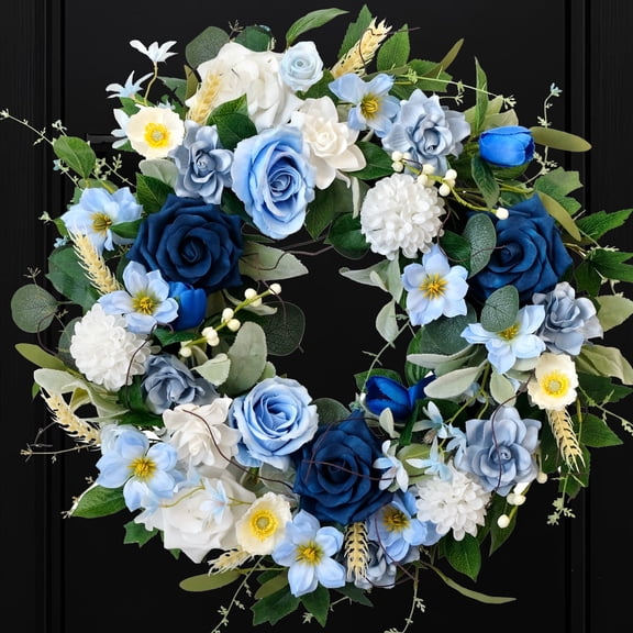 Idyllic 22" Spring Blue Rose Wreath for Front Door, Hydrangea Gardenia with Greenery & Wheat