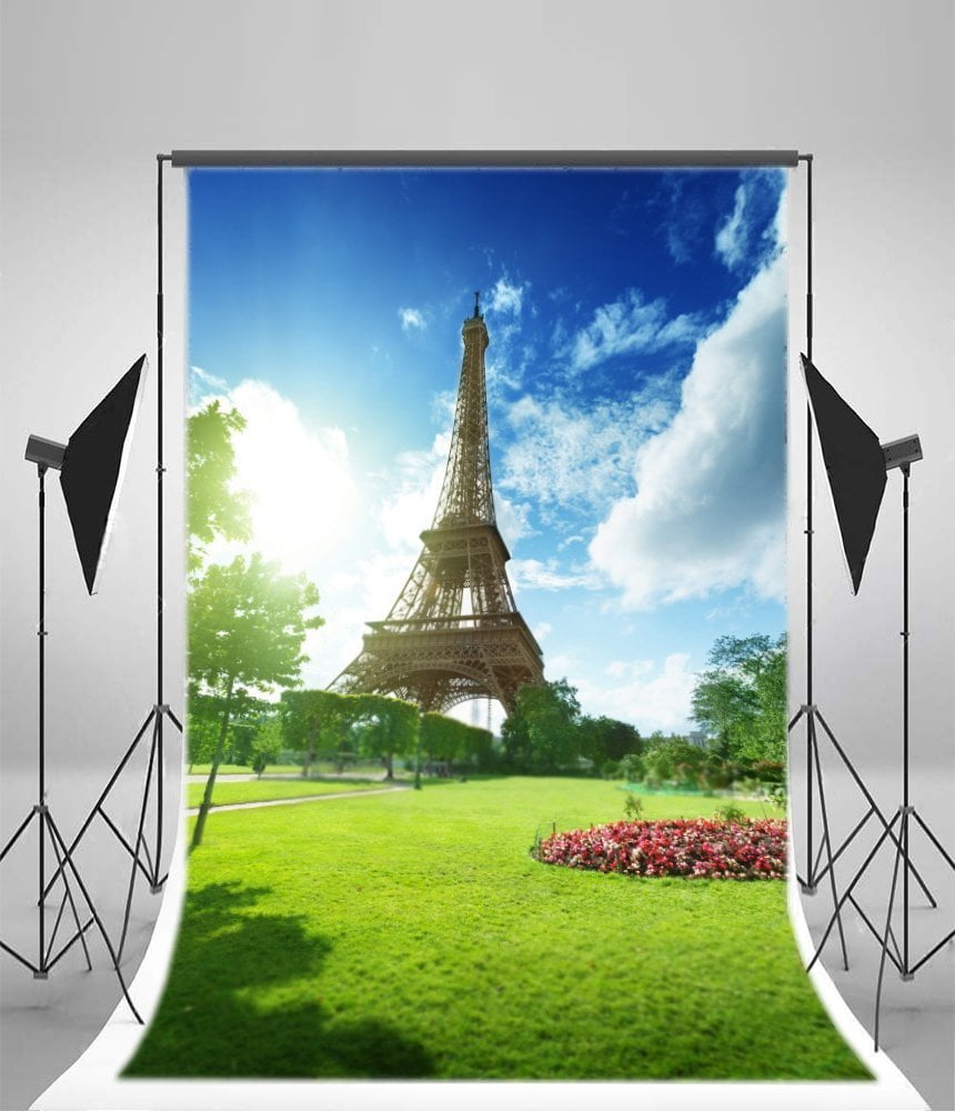 Polyester 5x7ft Photography Background Eiffel Tower Paris Theme Blooming Flowers Garden Trees Grass Field Blue Sky White Cloud Nature Romantic Weddin