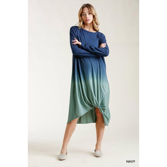 Ombre Front Knot Detail Long Sleeve Maxi Dress With Raw Hem M