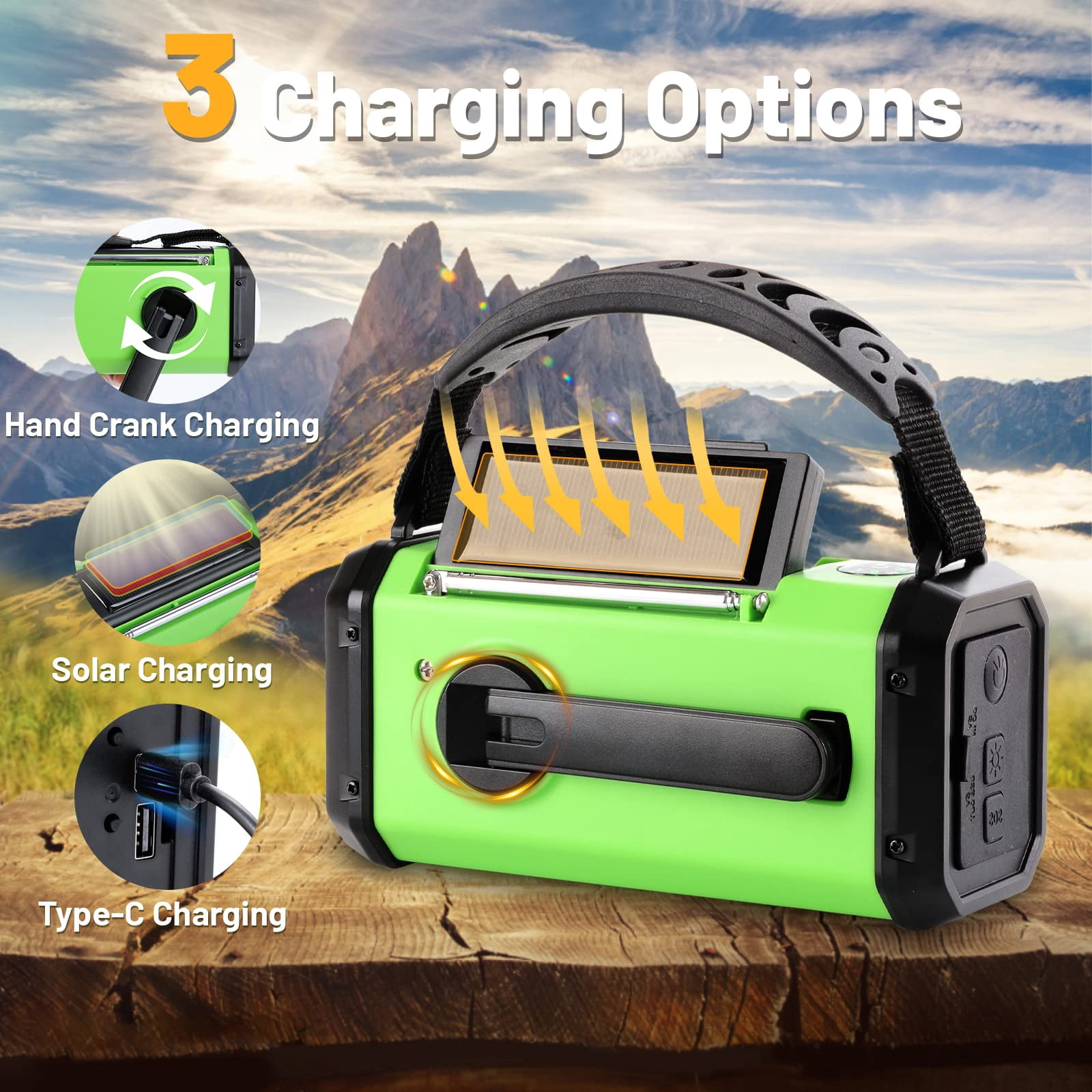 Emergency Hand Crank Radio With 10000mah/37000mwh Backup  Am Fm Noaa Weather Type-c Charge Solar Sos 3 Modes Led Flashlight Reading Lamp Compass For Outdoor