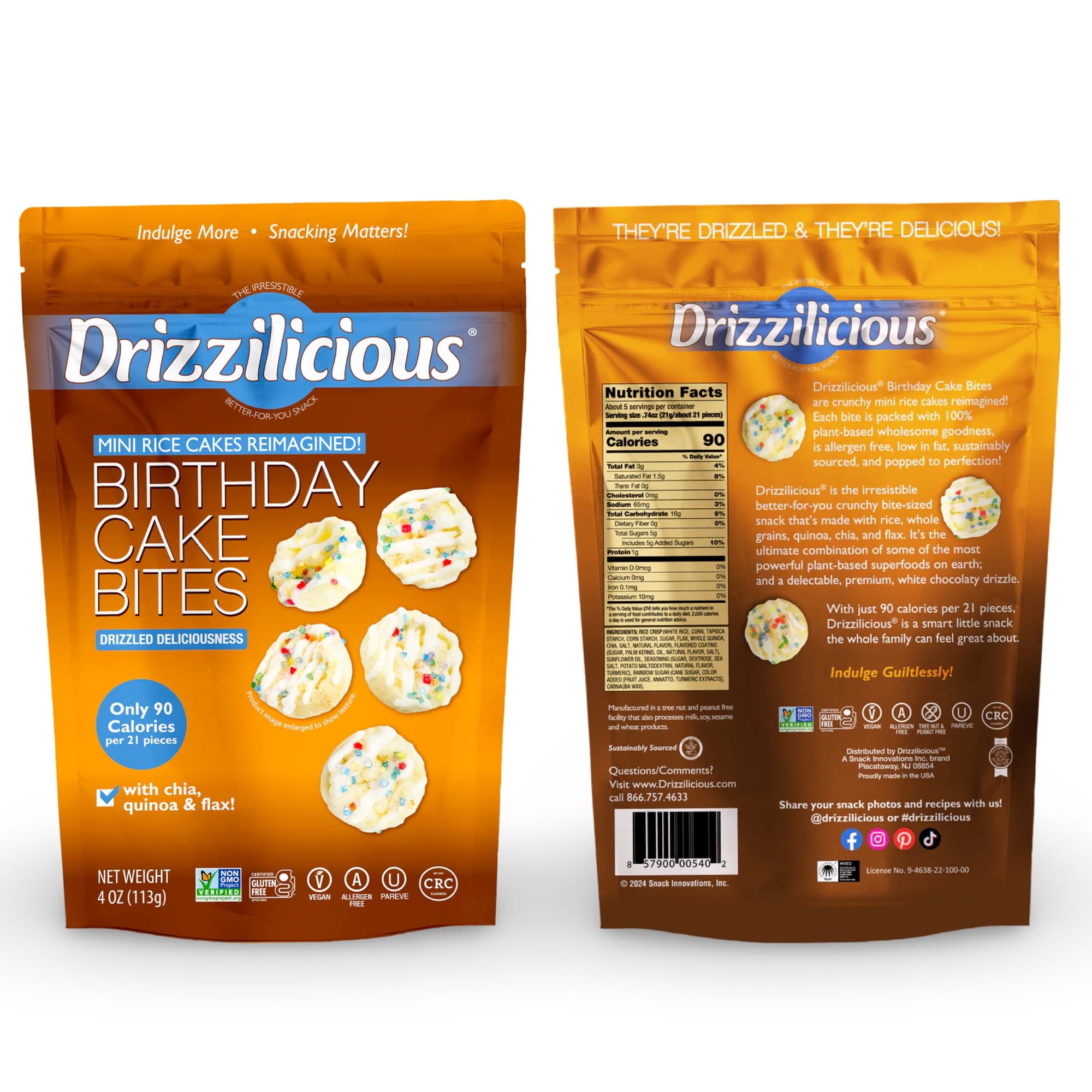 Drizzilicious Mini Rice Cake Bites Variety Pack | 4 Ounce Bag | Birthday Cake, Cinnamon Swirl, Cookies & Cream, S'mores, Salted Caramel | Pack of 5