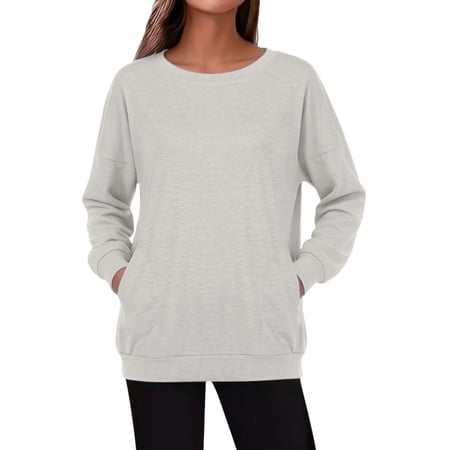 Comdrip Womens Long Sleeve Tops Womens Casual Crew Neck Long Sleeve Tunic Tops Basic Loose Fit Layering Tops with Pockets Women s Tunics Grey S