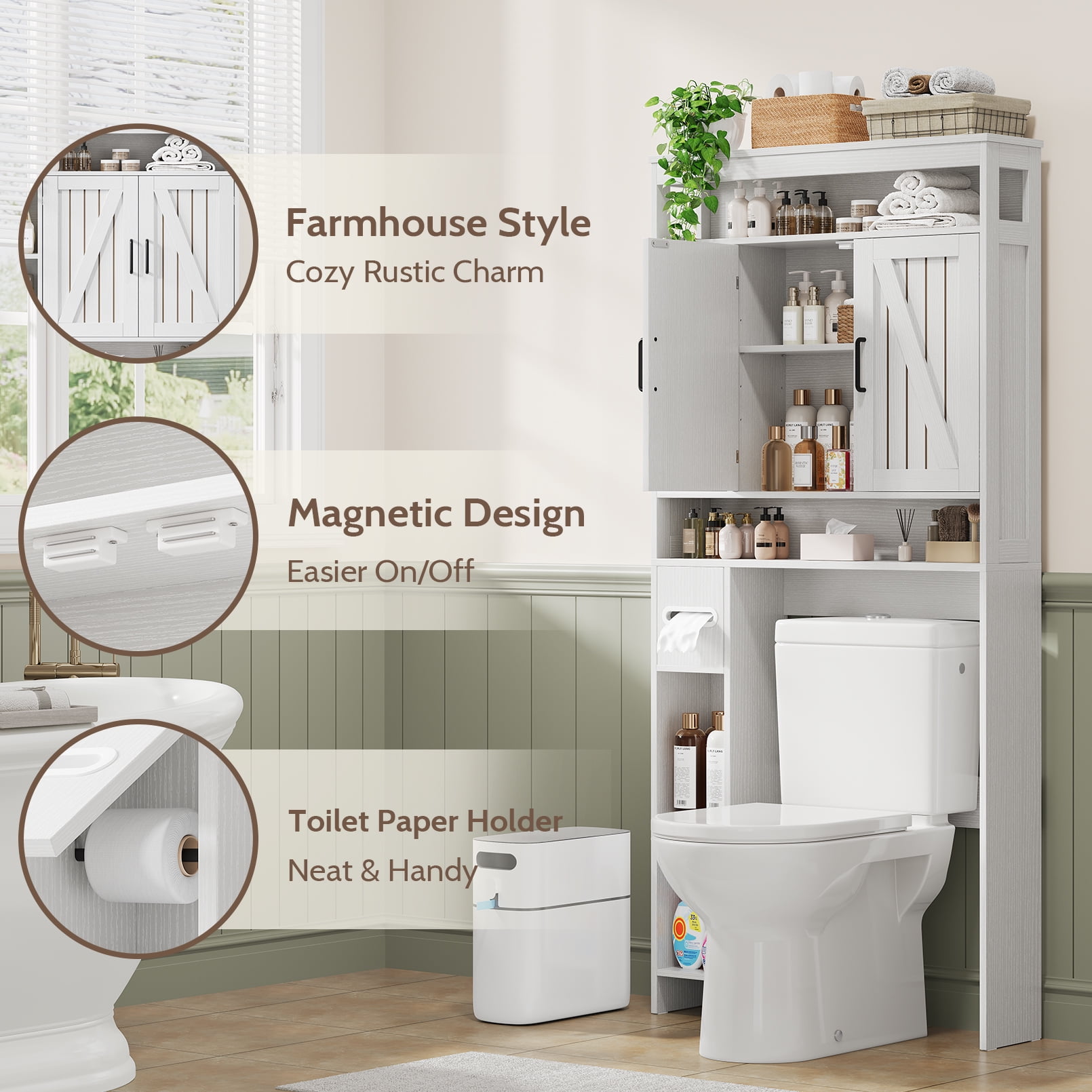 Vividwood Over-the-Toilet Cabinet with Soft Close Doors, White