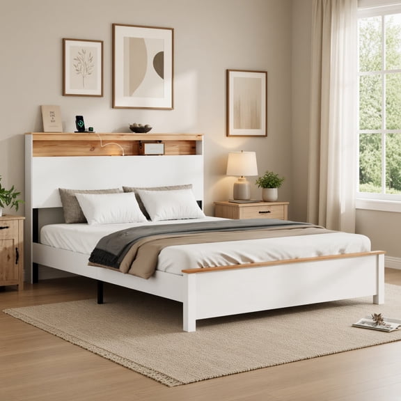 Queen Size Platform Bed Frame, Rustic Farmhouse Storage Headboard with LED Light & USB Type-C Charging Station, Wood & Metal Slat Support, No Box Spring Needed for Bedroom, White