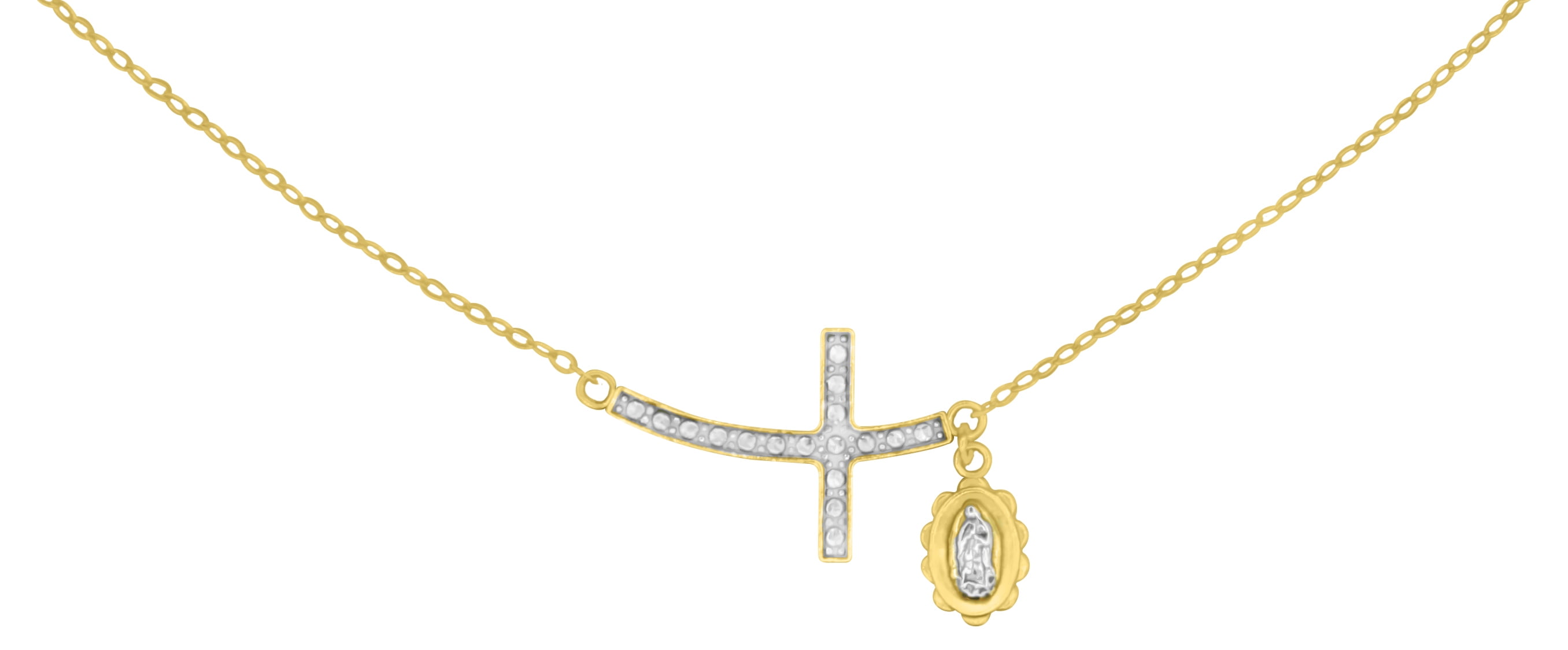 Brilliance Fine Jewelry 14K Gold Plated Sterling Silver Sideways Two-Tone Cross and Guadalupe Female Necklace 18"