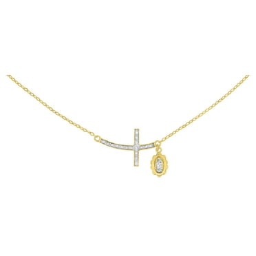 Brilliance Fine Jewelry 14K Gold Plated Sterling Silver Sideways Two-Tone Cross and Guadalupe Female Necklace 18"