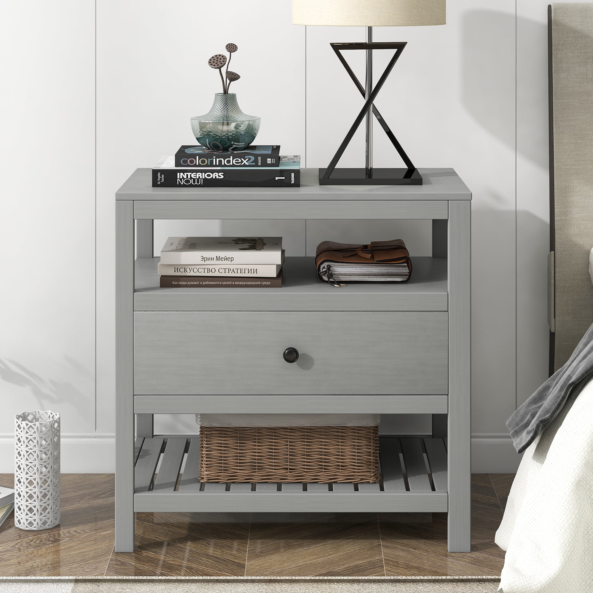 Modern Wooden Nightstand with Drawers Storage for Living Room/Bedroom