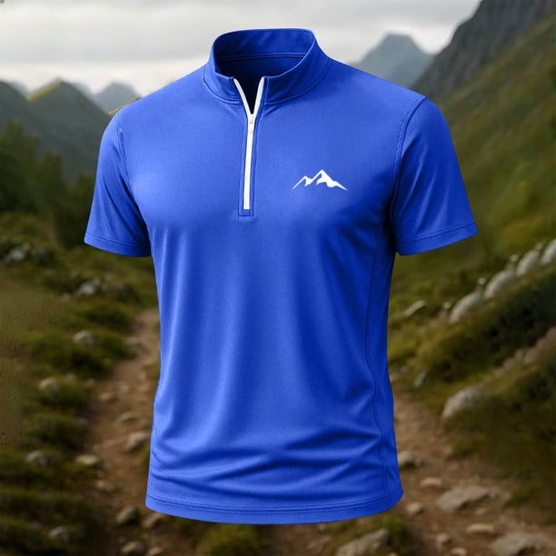 Blusa y camisa de manga corta con cuello alto para hombre, de verano, de color liso, ajustada, deportiva, con cremallera, de manga corta, con cuello alto.