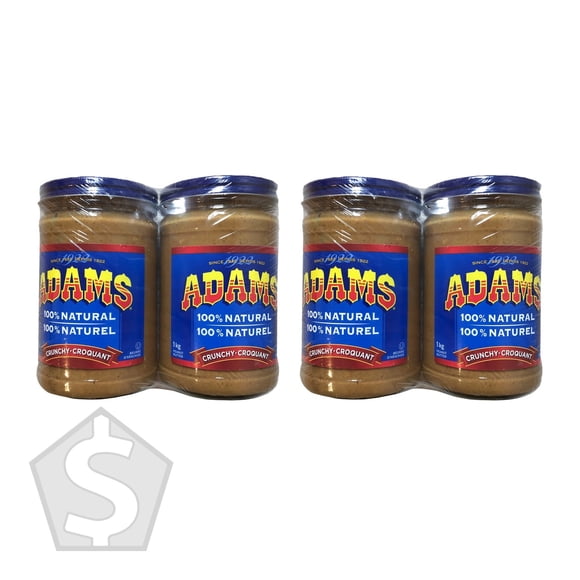 Adams Natural Crunchy Peanut Butter, 1 kg Jars (Pack of 2), 4 Jars Total, 4 kg Total