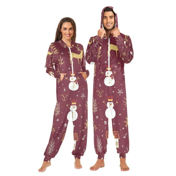Christmas Houses Snowmans Adult Onesie Pajamas Slim Fit Christmas One Piece Suit Pjs for Women and Men Hooded Zipper