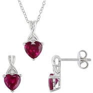 Heart Shaped Simulated White Sapphire & Diamond Pendant Necklace & Earrings Set - Sterling Silver 18 Inch Chain