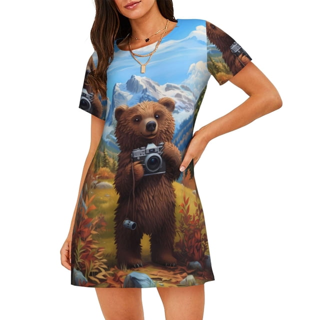 Fotbe Snowy Mountain Photography Bear Bata de Dormir para Mujer con Estampado, Camisón de Algodón de Manga Corta, Ropa de Dormir Casual