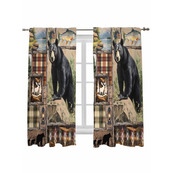 Vintage Black Bears Curtains 63 Inch Length, Sheer Curtains for Bedroom Living Room Window Abstract Country Plaid Fish Retro Rod Pocket Drapes Kitchen Curtains Small Half Window 42"x63" 2 Panels