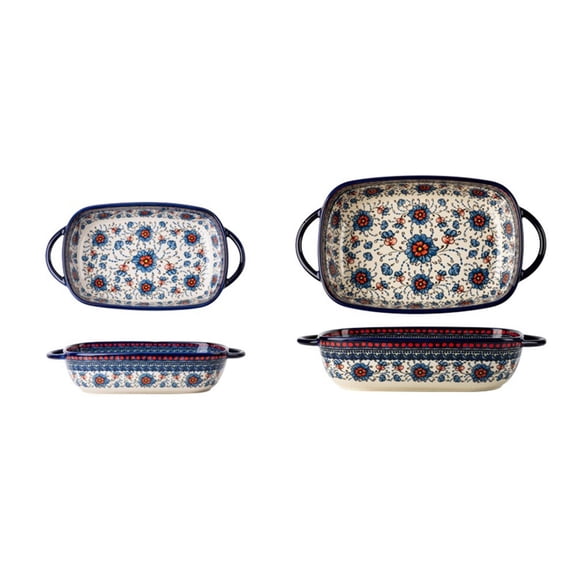 Vintage Clover Floral Rectangular Baking Pan Set of 2 Ceramic Double-Handled Household Tableware