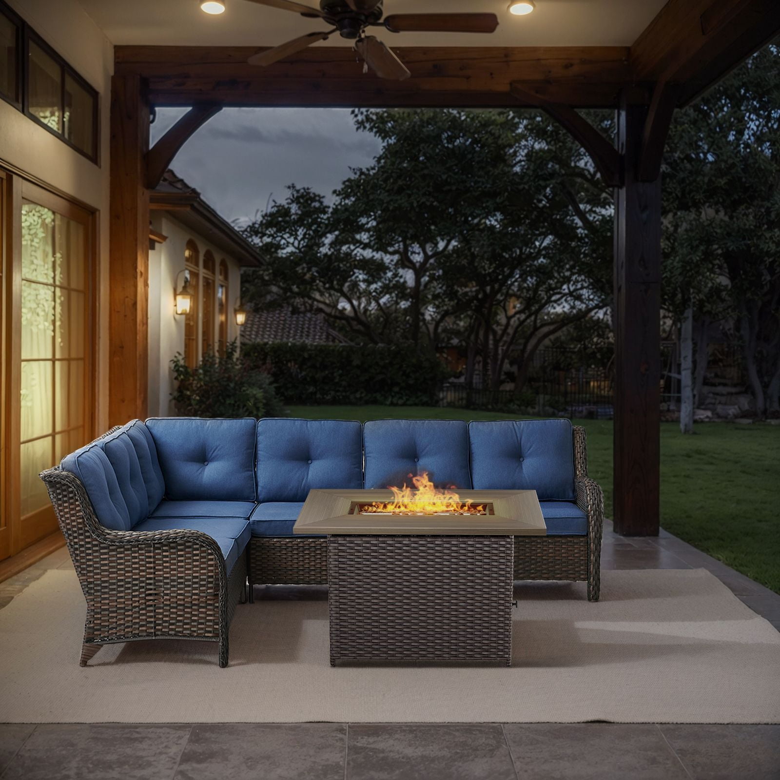 OPOHORO 6 Person Patio Conversation Set with Fire Pit Table, Brown Wicker Rattan Furniture Set for Outside with Sectional Couch and Rectangular Propane Firepit Table - Blue