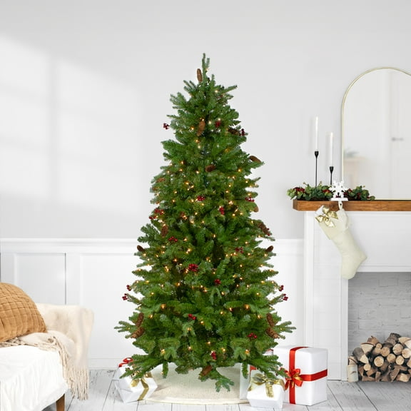 Northlight Real Touch™️ Pre-Lit Medium Mixed Winter Berry Pine Artificial Christmas Tree - 6.5' -