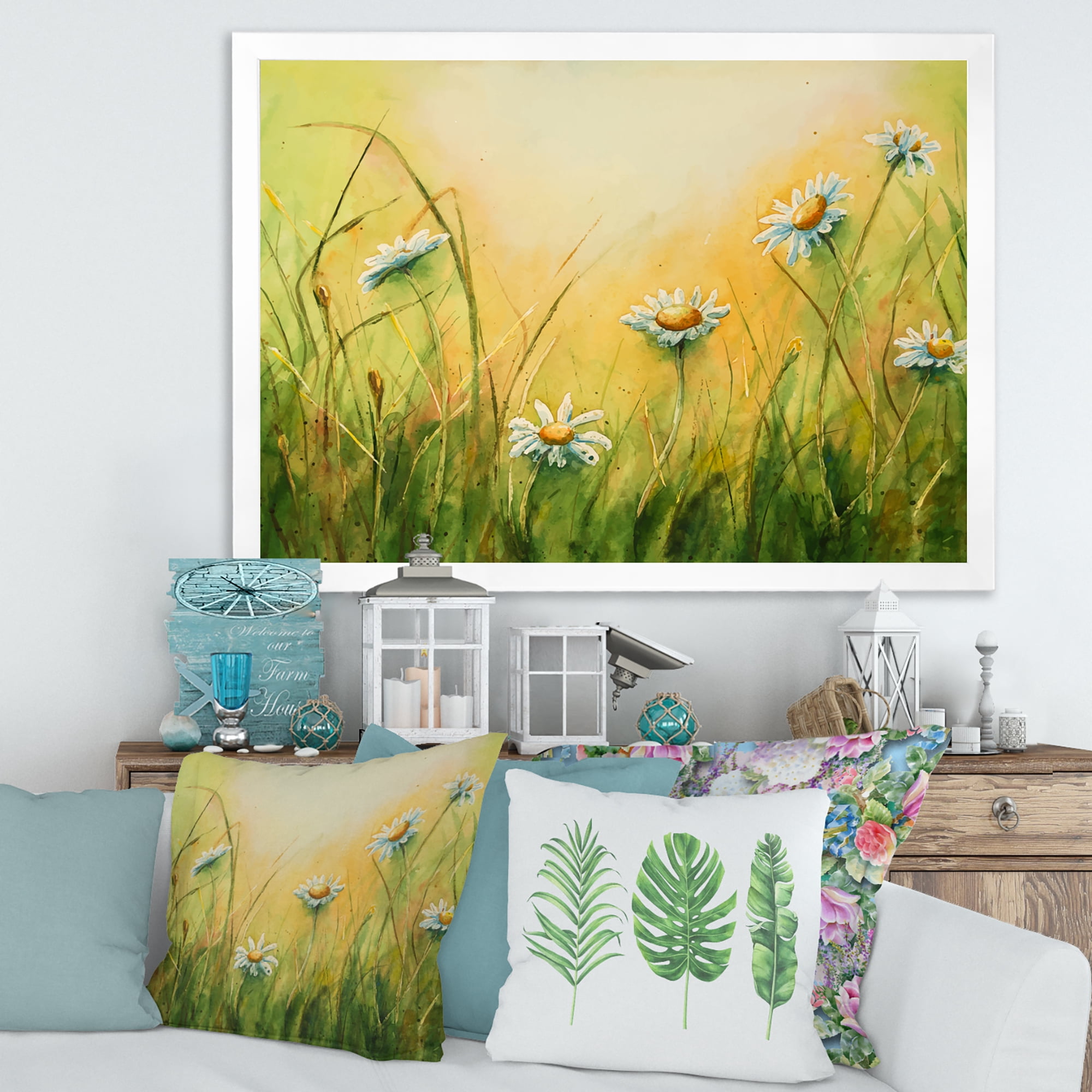 Designart 'Sunset Field With Herbs and Chamomiles' Traditional Framed Art Print