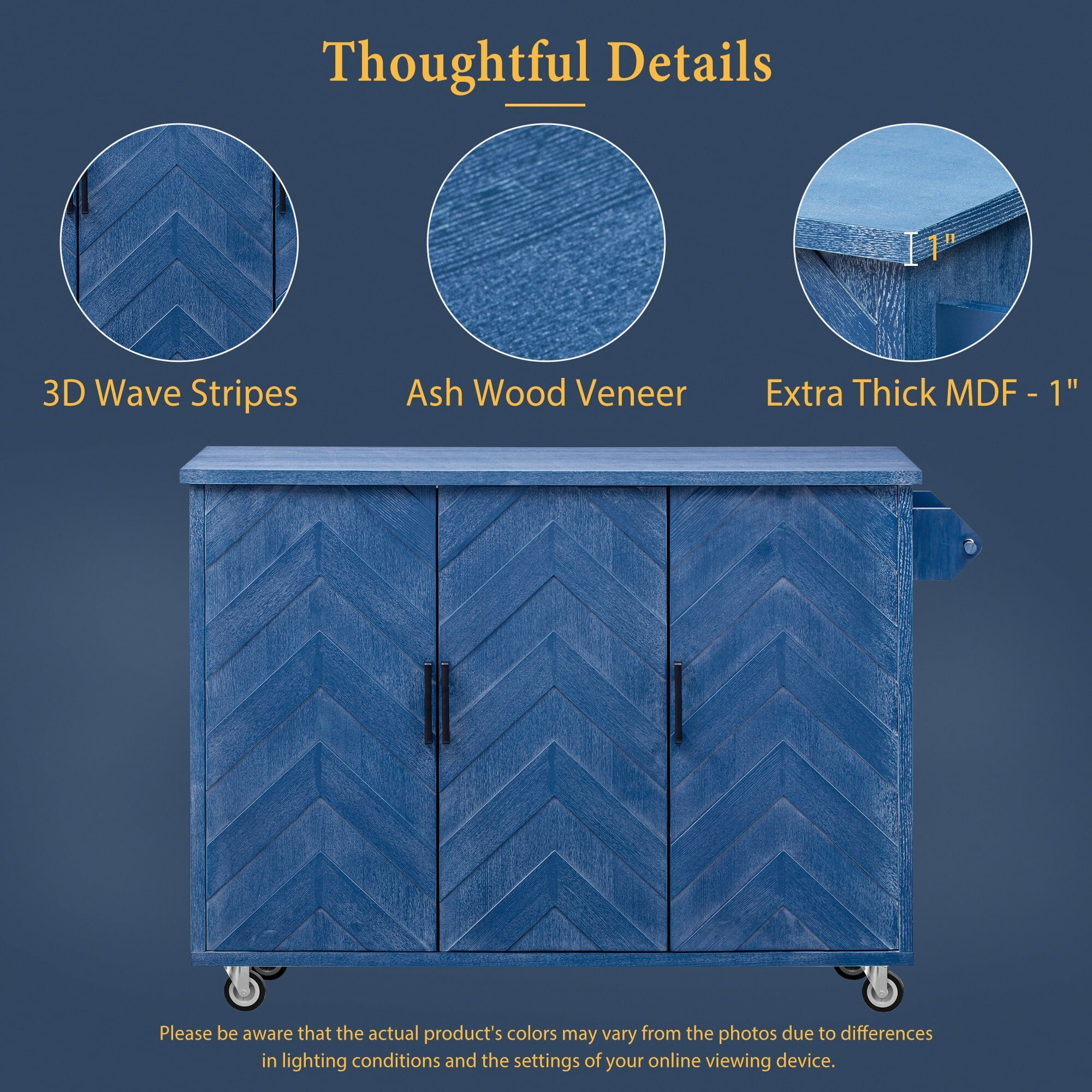 AENKYO 51.2"W 3D Wave Stripes Ash Veneer (Not Cheap Paper) Kitchen Island with Drop Leaf, Farmhouse Kitchen Island on Wheels with Internal Storage Rack, Rolling Kitchen Cart for Dining Room(Blue)
