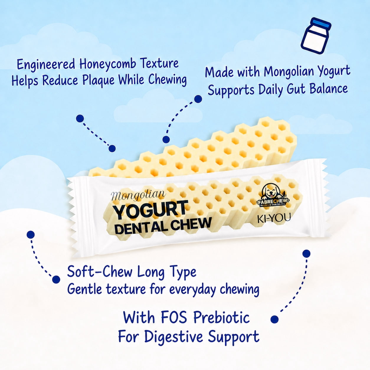 Fabrechew Mongolian Yogurt CHEW with Probiotics & Prebiotics, Soft Honeycomb Dental Care (7.05 oz, 10 Count)