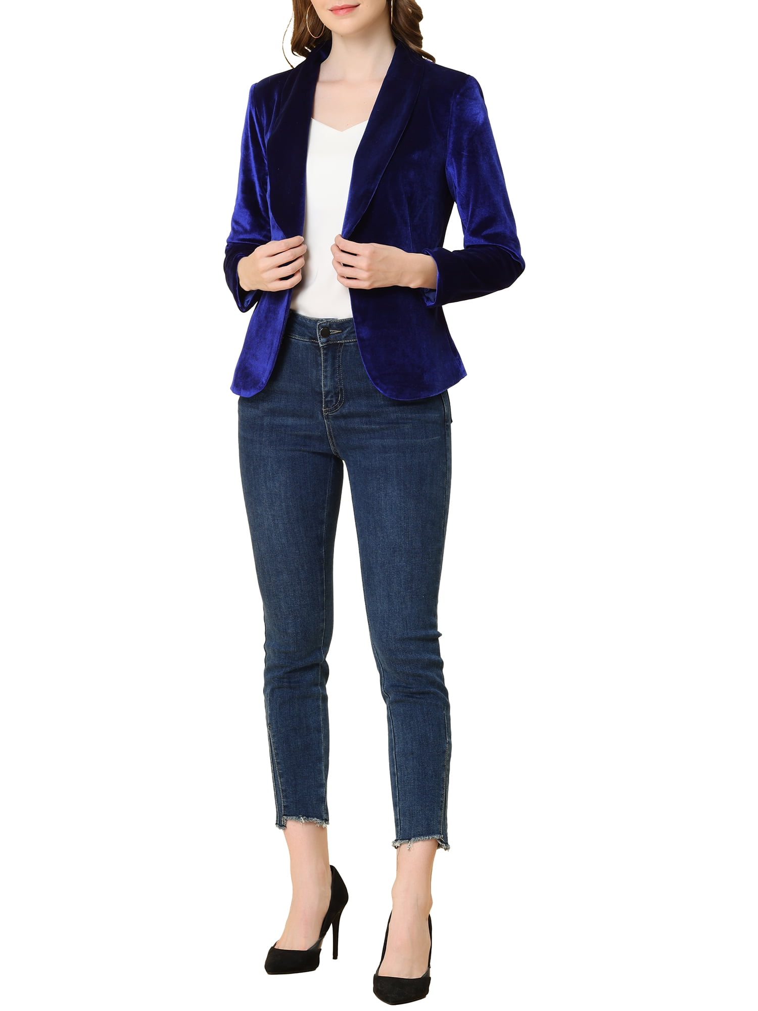 DARING DIVA Women's Velvet Office Coat Solid Shawl Collar Blazer M Royal Blue