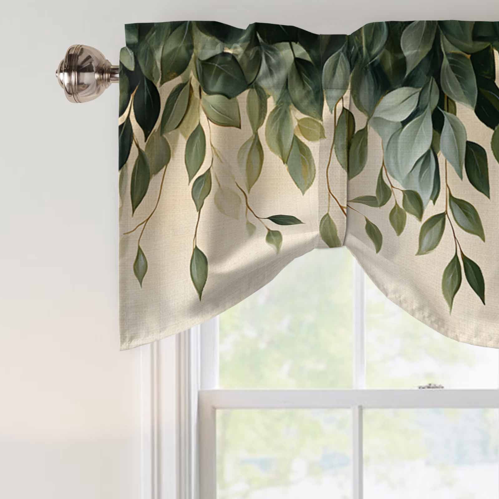 Leaf Tie Up Valance for Windows, Vintage Spring Dark Green Leaves Branch Plant Linen Texture Adjustable Rod Pocket Tie Up Valance Curtains Window Treatment for Kitchen Bathroom Bedroom 54 X 18 Inch