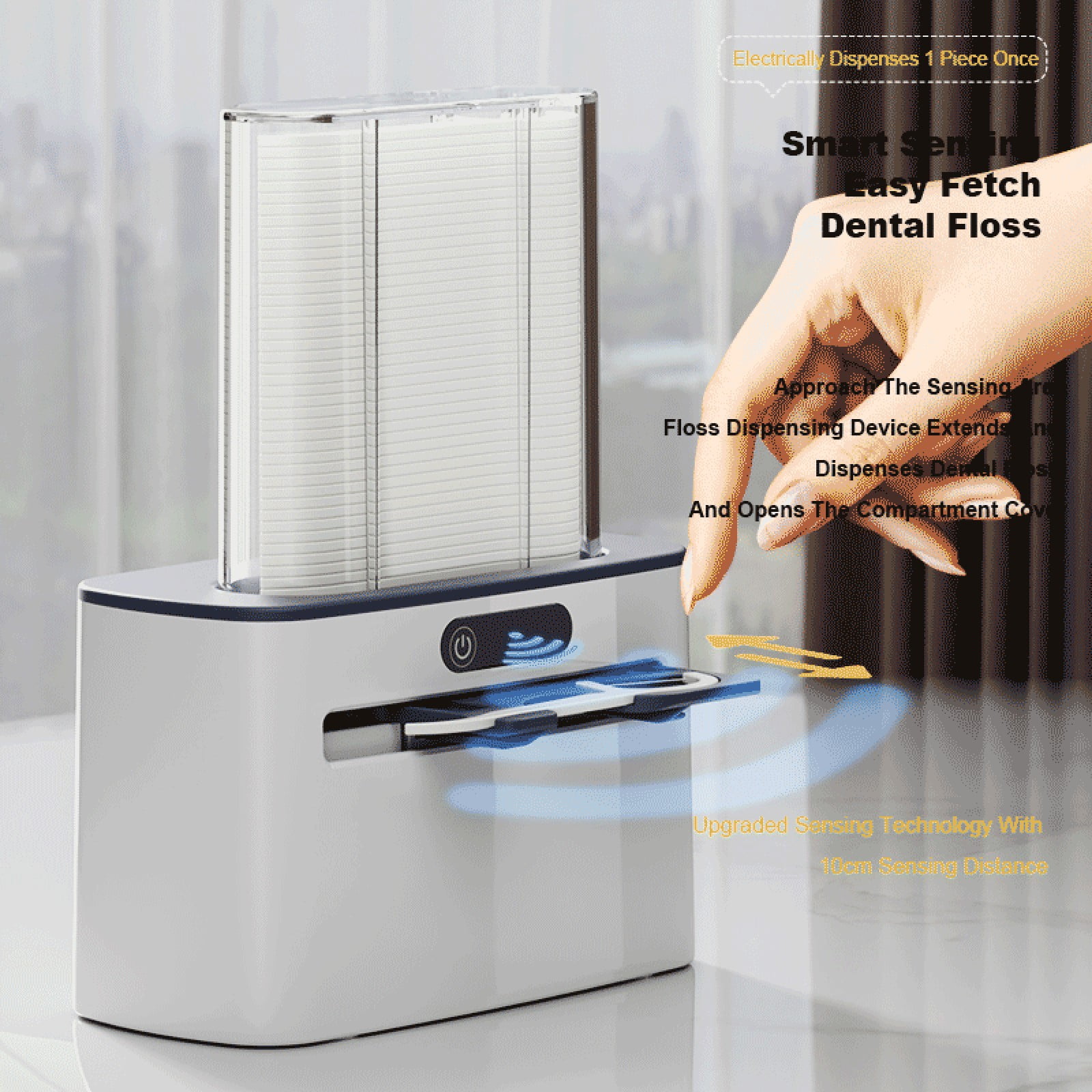 Automatic Floss Dispenser Box | Intelligent Sensor Floss Stick Storage | Rechargeable & Battery-Powered | ABS Plastic, 100 Floss Refill, Dark Blue/Light Gray/Gold | Home, Restaurant, Hotel Hygiene