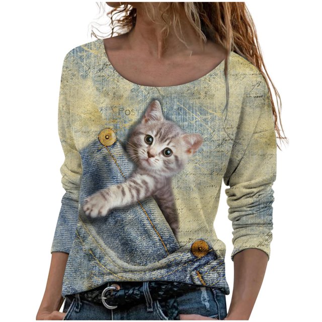 IROINID T-Shirts à Manches Longues Réduits pour Femmes, Col Rond Imprimé, Blouse d'Automne, Beige