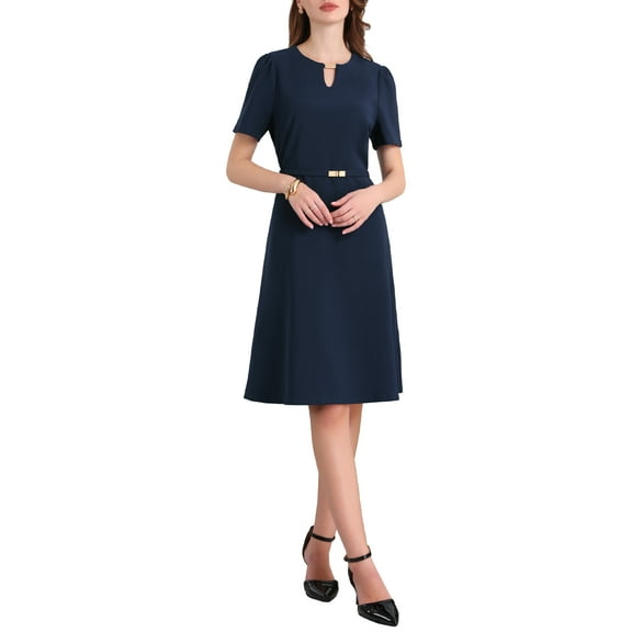 INSPIRE CHIC Women's Cocktail A-Line Dress Choker V Neck Short Sleeve Belted Elegant Flare Dresses S Navy Blue