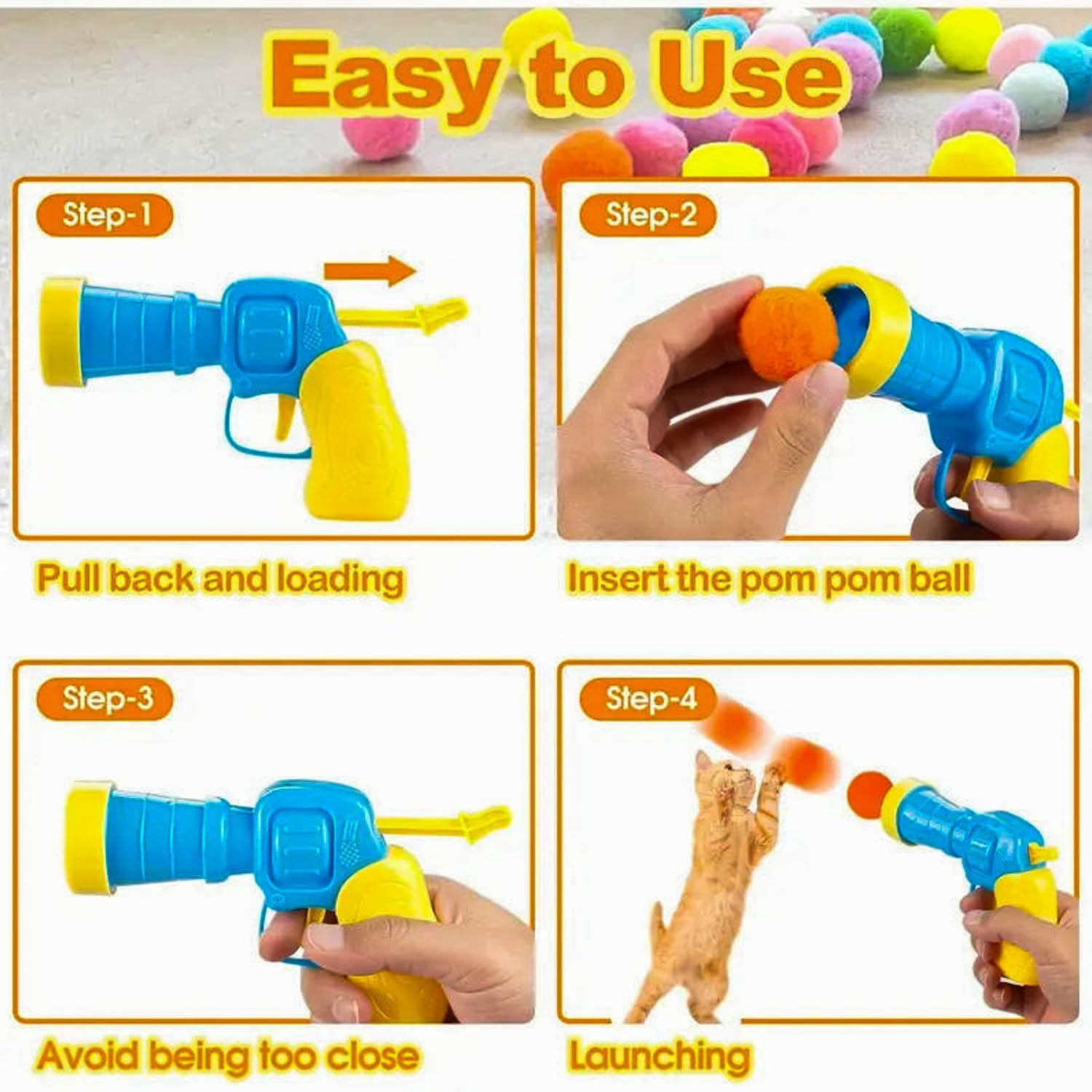 30 Pcs Soft Pom Pom Balls for Kittens with Cat Ball Launcher Toy, Interactive Plush Toy for Kitten Training and Play - Pet Products for Cats (3.0 CM with Bloster)