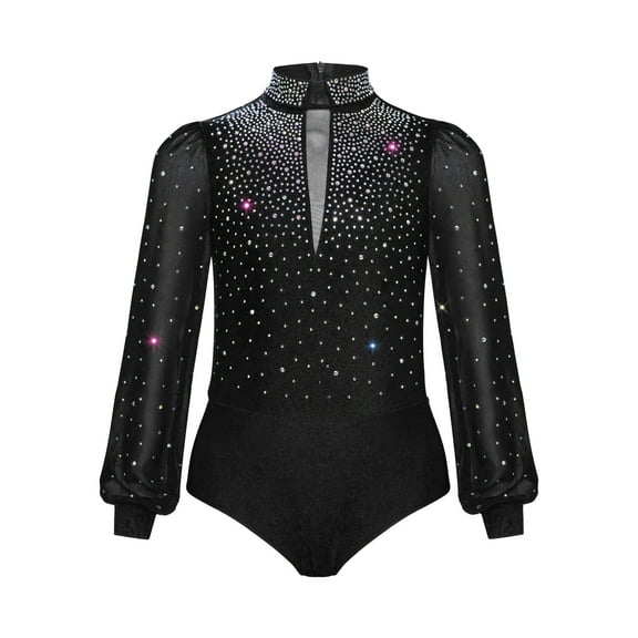 Doomiva Kids Boys Shiny Latin Tango Ballroom Dance Leotard Top Long Sleeve Bodysuit Gymnastics Modern Dancewear Black 14