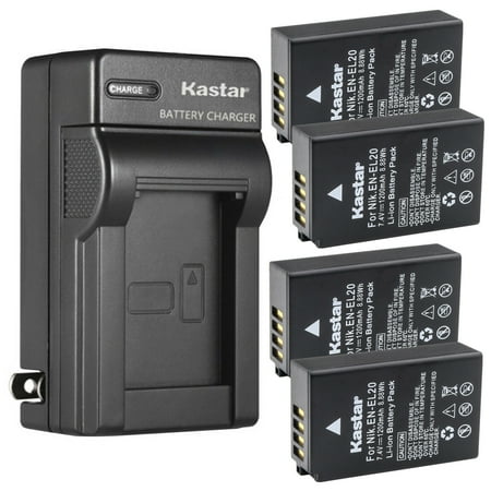 Kastar 4-Pack Battery and AC Wall Charger Replacement for Nikon EN-EL20 Nikon EN-EL20a Battery Nikon MH-27 MH-27a Nikon MH-29 MH-29a Charger Nikon 1 J3 Nikon 1 S1 Nikon 1 V3 Nikon DL24-500 Camera