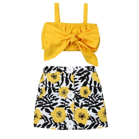 

Sunisery Newborn Baby Girls 2pcs Summer Outfits Strap Sleeveless Bow Vest Crop Tops Flower Skirt Clothes Set Yellow 3-4 Years