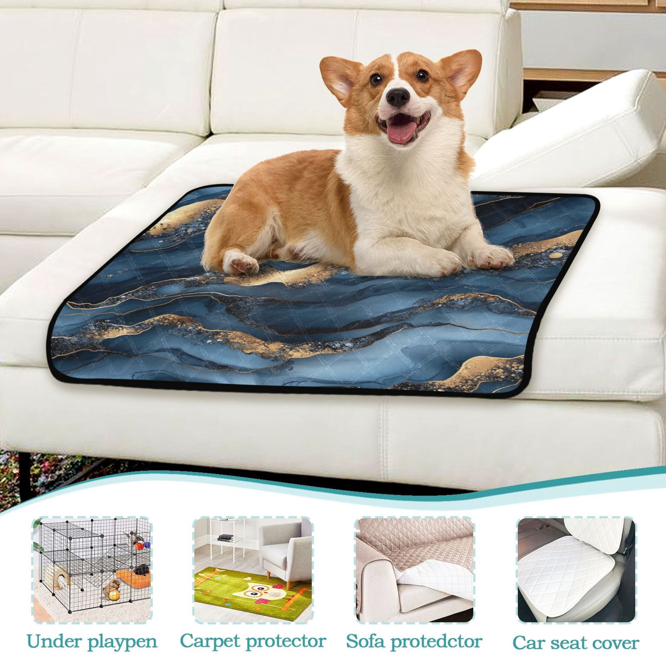 Qxltty Dark Blue Gilt Marbles Cat litter Pads Pet Set of 3 Diaper Mats Center Anti-leakage Layer Absorbent Soft and Comfortable