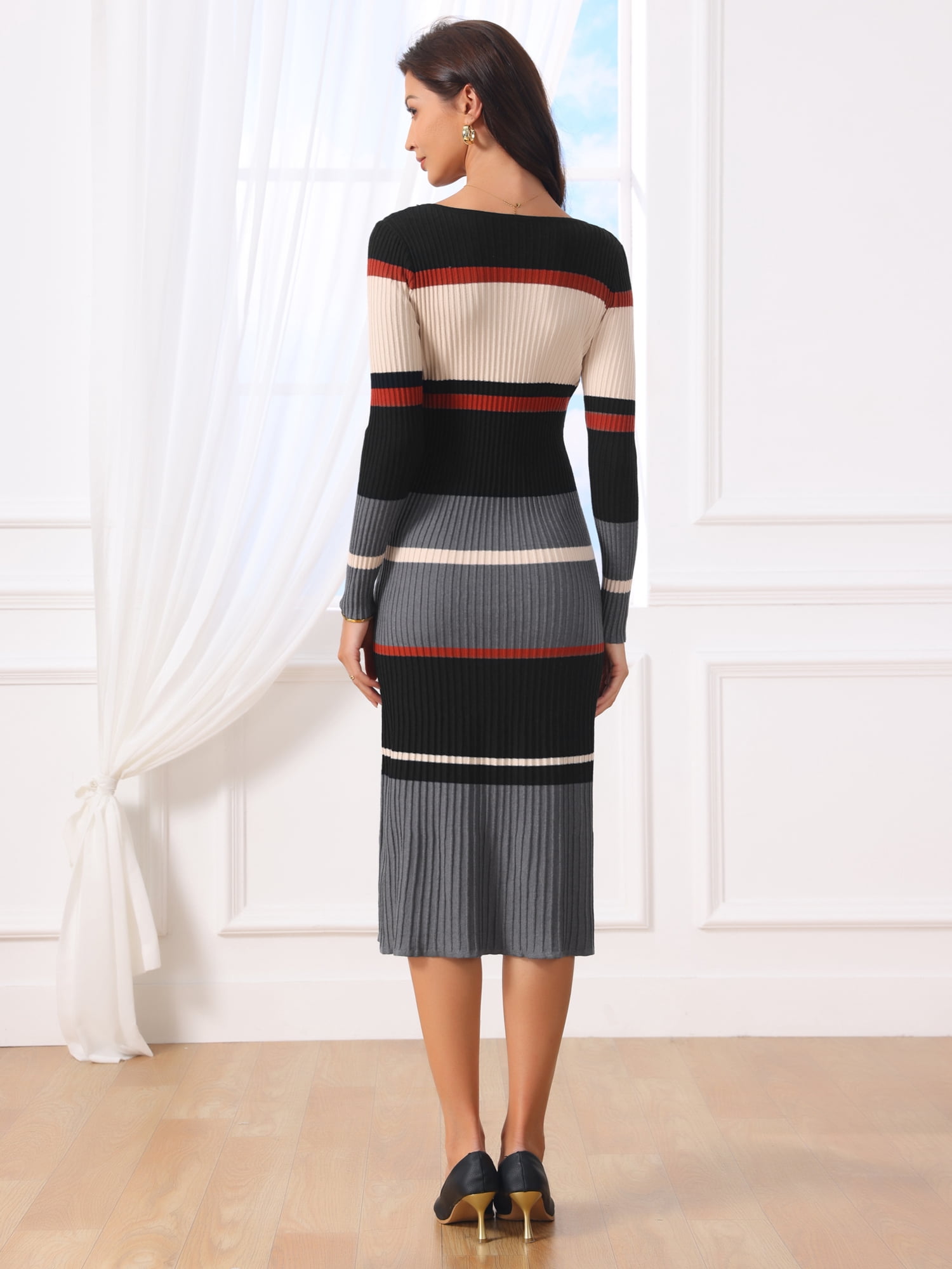 DARING DIVA Women's Striped Long Sleeve Ribbed Knit Bodycon Dress 2XL Caramel Grey