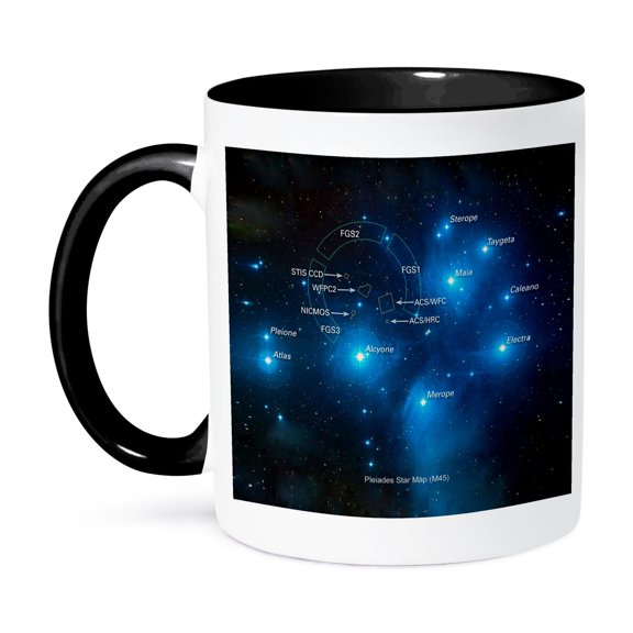 3dRose, Galaxy and Nebula - Pleiades Star Cluster Map (M45), 11oz Two-Tone Black Mug